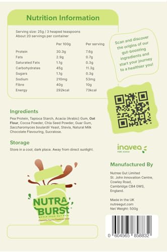 NutraBurst Pea Protein Shake with Probiotics, prebiotics, and Oats 500g - Chocolate Flavoured Nutree Gut uk supplements