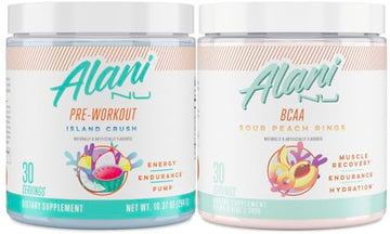 Alani Nu Island Crush Pre Workout and BCAA Sour Peach Rings Post Workout Powder Alani Nu uk supplements