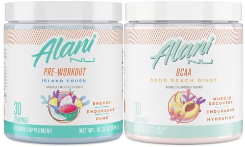 Alani Nu Island Crush Pre Workout and BCAA Sour Peach Rings Post Workout Powder Alani Nu uk supplements