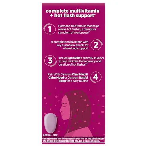 Centrum Complete Multivitamin Supplement + Hot Flash Support Menopause Support Tablets, with Clinically Studied geniVida, 30 Count Centrum uk supplements