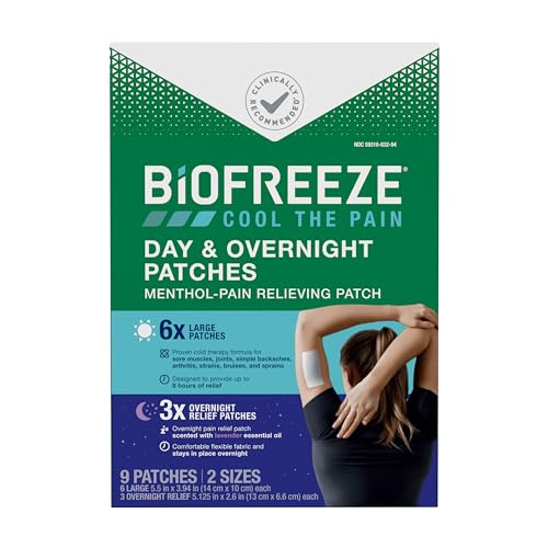 Biofreeze Day & Overnight Pain Relief Patches, Menthol Pain Patches for Arthritis & Muscle Pain Relief, Comfortable & Flexible Fabric Stays in Place, 9 Patches (6 Day, 3 Night) Biofreeze uk supplements