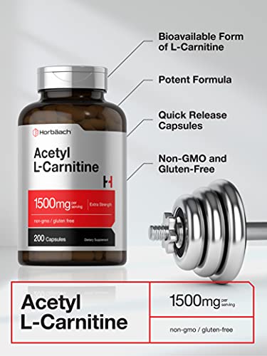 Acetyl L-Carnitine 1500mg | 200 Capsules | Extra Strength ALCAR Supplement | Non-GMO Horbäach uk supplements