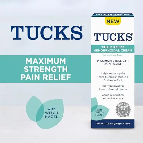 Tucks Triple Relief Hemorrhoidal Cream, Maximum Strength Pain Relief from Burning, Itching and Discomfort, with Witch Hazel, Treatment, Brand Used by Hospitals, 0.9oz. (26g) TUCKS uk supplements