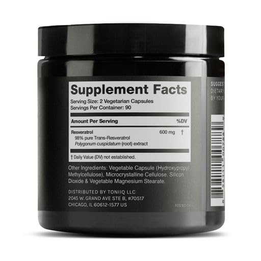 Toniiq Ultra High Purity Resveratrol Capsules - 98% Trans-Resveratrol - Highly Purified and Bioavailable - 180 Caps Reservatrol Supplement Toniiq uk supplements
