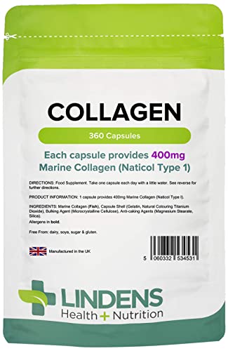 Lindens Collagen (Marine) 400mg Capsules 360 Pack - UK Manufacturer, Letterbox Friendly Lindens uk supplements