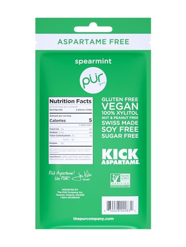 PUR Gum | Aspartame Free Chewing Gum | 100% Xylitol | Natural Spearmint Flavored Gum PUR uk supplements