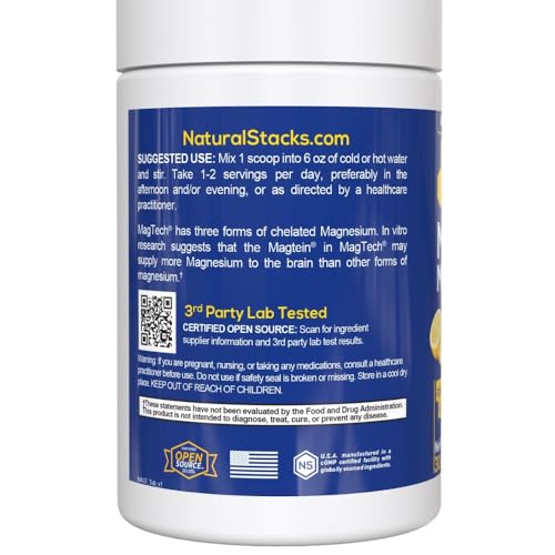 Magtein Magnesium L-Threonate, Glycinate & Taurate - MagTech Magnesium Powder - Sugar Free Lemonade Drink - 200mg Chelated Triple Complex - Supports Relaxation & Brain Health* - 30 Servings NATURAL STACKS uk supplements