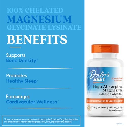 Doctor's Best High Absorption Magnesium Glycinate Lysinate Supplement for Sleep Support - Chelated Magnesium Capsules for Women & Men, 105 mg per Serving, Calm Support, Vegan - 120 Veg Caps Doctor's BEST uk supplements
