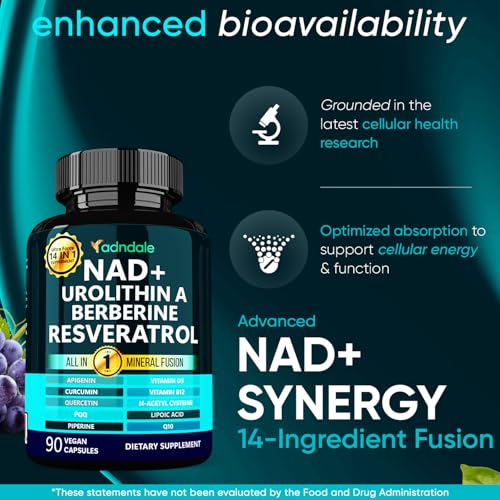 Adndale NAD Supplement. Longevity Formula with Liposomal NAD+, Trans Resveratrol, Urolithin-A, Berberine, CoQ10. NMN Supplement Alternative. 90 Count Adndale uk supplements