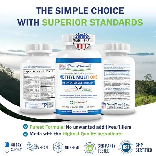 Power By Naturals Methyl Multi One - Iron-Free Methylated Multivitamin with Quatrefolic 5-MTHF, Active B12, P5P, CoQ10 & Zinc for MTHFR Support Power By Naturals uk supplements