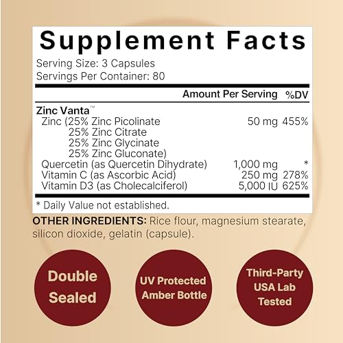 NatureBell Zinc Quercetin with Vitamin C & D3, 240 Capsules | Quercetin 1,000mg, 4 in 1 Zinc 50mg, Vitamin C 250mg, Vitamin D3 5,000 IU – ZincVanta Advanced Immune Defense & Lung Support NatureBell uk supplements