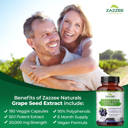 Zazzee High Strength Grape Seed 50:1 Extract, 20,000 mg Strength, 180 Vegan Capsules Zazzee uk supplements