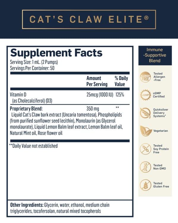 Quicksilver Scientific Nanoemulsified Cat's Claw - Liquid Immune Support Supplement with Uncaria tomentosa, 1000 IU Vitamin D + Monolaurin - Vegan + Superior Liposomal Absorption (1.7oz / 50ml) Quicksilver Scientific uk supplements