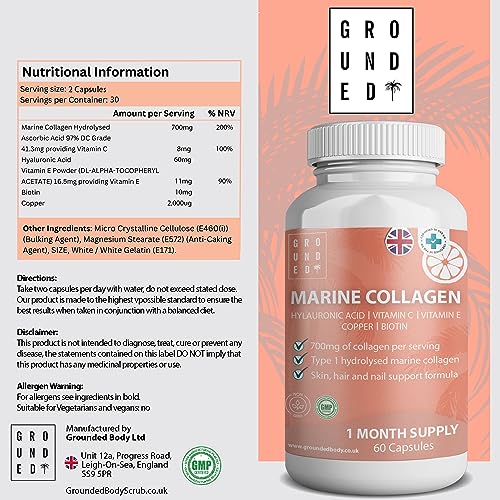 Hydrolysed Marine Collagen 700mg with Hyaluronic Acid, Vitamin C, Vitamin E, Copper & Biotin G R O U N D E D COFFEE SCRUB uk supplements