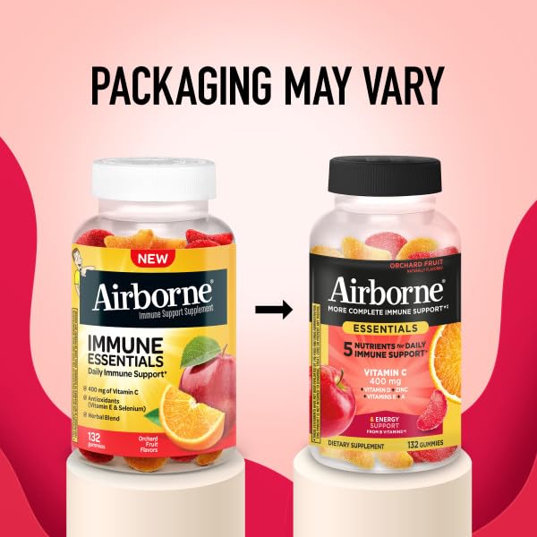 Airborne 400mg Vitamin C Gummies for Adults & Children, Immune Essentials Daily Immune Support Supplement with Vitamins C & E - Orchard Fruit Flavor, 132 Gummies (Pack of 2) Airborne uk supplements