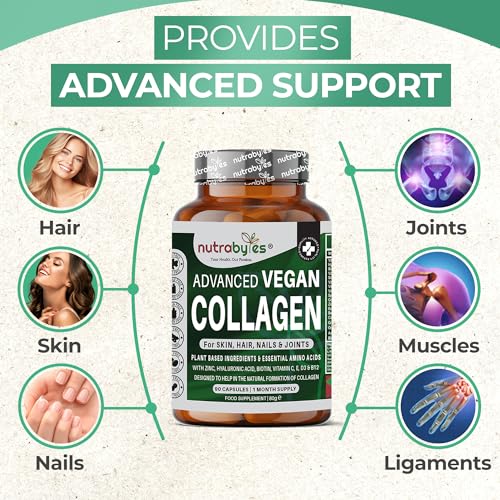 Vegan Collagen Supplement For Skin, Hair, Nails, Joints & Bones with Hyaluronic Acid, Biotin, Lysine, Bamboo Silica, Zinc, Vitamin C, D3, B12, E NUTRABYTES uk supplements