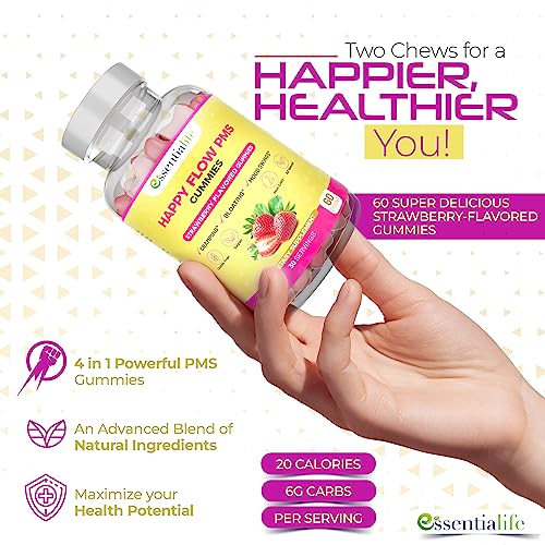 Happy Flow Strawberry-Flavor Chewable PMS Gummies | Hormone Balance Chasteberry Essentialife uk supplements