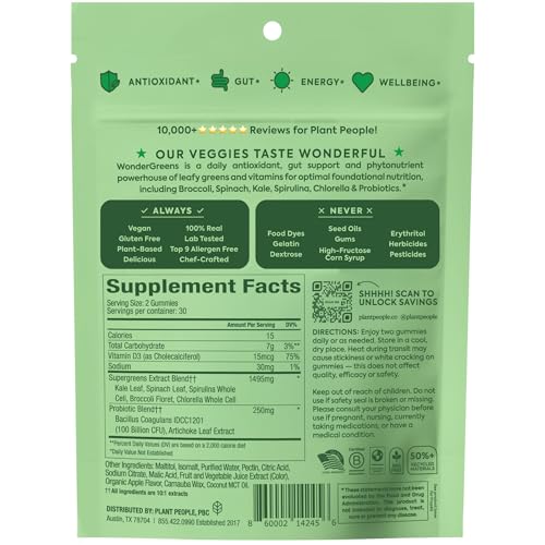 Plant People WonderGreens Veggie Gummies Super Greens with Probiotics Multivitamin Support Gummy for Wellbeing, Energy, Immune and Gut Health, Green Apple Flavor (60 Count) Plant People uk supplements