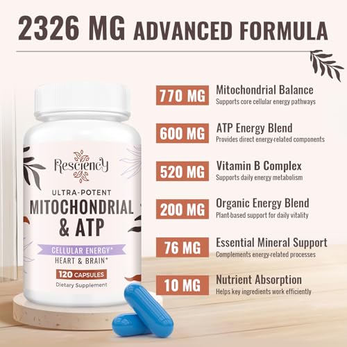 Resciency 2326 MG Mitochondrial Supplements with ATP, Vitamins, CoQ10 & PQQ, More Effective Than Creatine HMB & Nitric Oxide, Energy, Endurance, Strength, Recovery & Muscle, Organic, 120 Capsules Resciency uk supplements