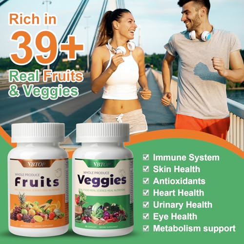 VBTOP Fruit & Vegetable Supplement - Natural Ingredients - 2 Bottles - 180 Capsules Total | A Blend of 20+19 Natural Whole Fruits & Vegetables, a Fresh superfood Formula Rich in Vitamins and Minerals VBTOP uk supplements
