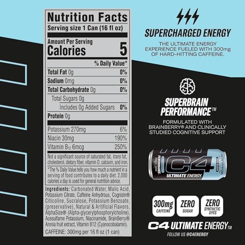 C4 Ultimate Sugar Free Energy Drink 16oz (Pack of 12) | Arctic Snow Cone | Pre Workout Cellucor uk supplements