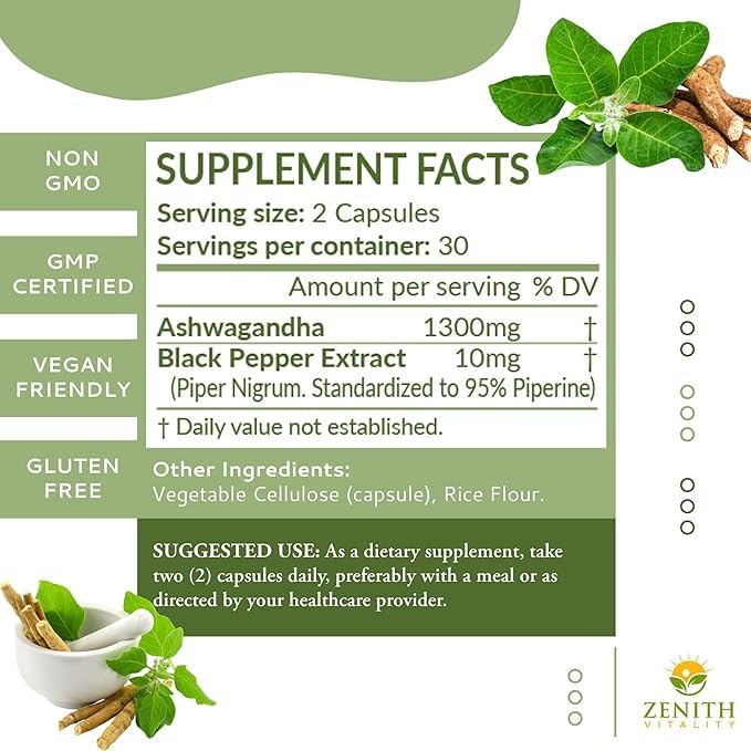 Zenith Vitality Ashwagandha 1300mg Capsules – Stress Relief & Cortisol Support, Immune & Energy Boost, Mental Clarity, Herbal Adaptogen Supplement – 60 Count Zenith Vitality uk supplements