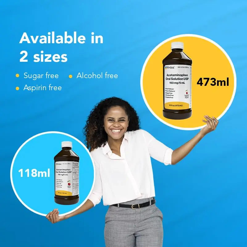 Rising Health Acetaminophen Oral Solution USP, 160 mg/5 mL | Pain & Fever Reliever | Cherry Flavor | Available in 118 mL & 473 mL (118ml - 4oz) Rising uk supplements