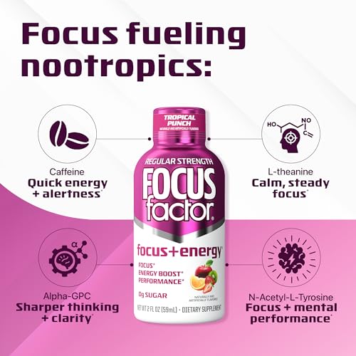 Focus Factor Focus + Energy Shots - 12 x 2oz Bottles (Tropical Punch Flavor) - Powered by Nootropics with Caffeine, L-Theanine, Ginkgo, Bacopa, L-Tyrosine, Alpha GPC Focus Factor uk supplements
