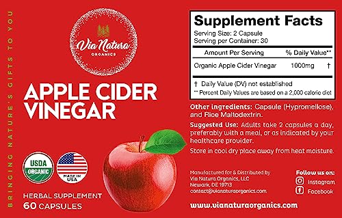 Via Natura Organics Apple Cider Vinegar Capsules 1000mg | Organic Herbal Supplement Via Natura Organics uk supplements