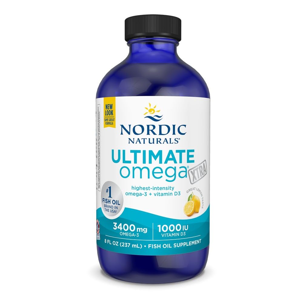 Nordic Naturals Ultimate Omega Xtra Liquid, Lemon Flavor - 8 oz - 3400 mg Omega-3 + 1000 IU Vitamin D3 - EPA & DHA - Brain, Heart, Joint, & Immune Health - Non-GMO - 48 Servings Nordic Naturals uk supplements