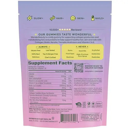 Plant People WonderBeauty Hair, Skin & Nails Rejuvenation Gummies with Tremella Mushroom, Marine Collagen Peptides Plant People uk supplements