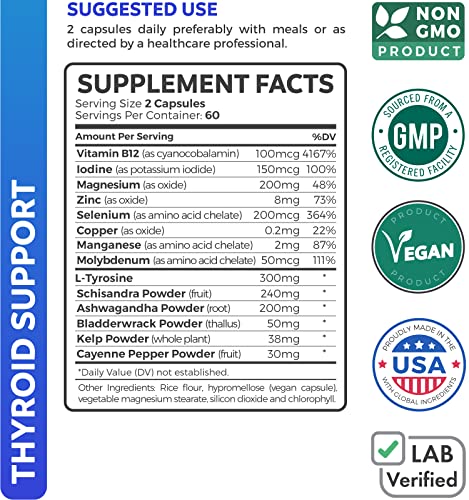 Thyroid Support with Iodine - 120 Capsules (Non-GMO) Healths Harmony uk supplements