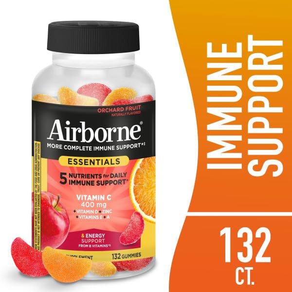 Airborne 400mg Vitamin C Gummies for Adults & Children, Immune Essentials Daily Immune Support Supplement with Vitamins C & E - Orchard Fruit Flavor, 132 Gummies (Pack of 2) Airborne uk supplements