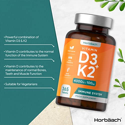 Vitamin D3 K2 High Strength Tablets | 365 Count | Vitamin D3 4000iu and Vitamin K2 MK7 Horbäach uk supplements
