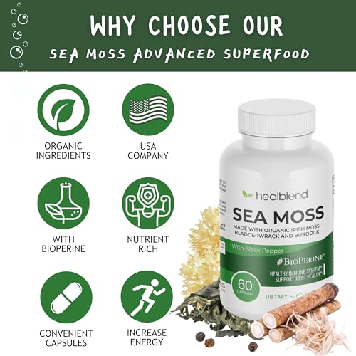 healblend Organic Irish Moss, Bladderwrack, Burdock, & BioPerine - 1405mg with Black Pepper healblend uk supplements