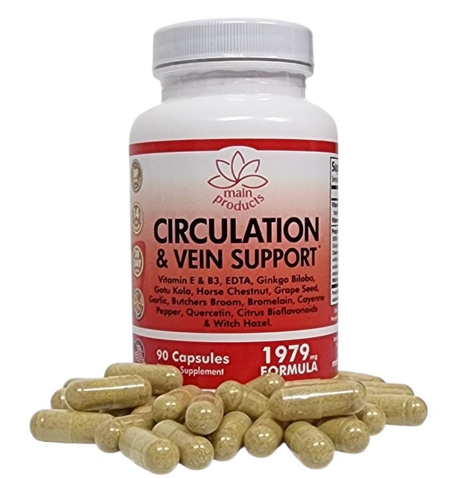 Circulation & Vein Support Supplement - Vitamins E & B3, Ginkgo Biloba, Horse Chestnut, Gotu Kola, Grape Seed, Butcher's Broom & Citrus Bioflavonoids - 1979 mg Formula - 90 Capsules - 30 Days Supply. Main Products uk supplements