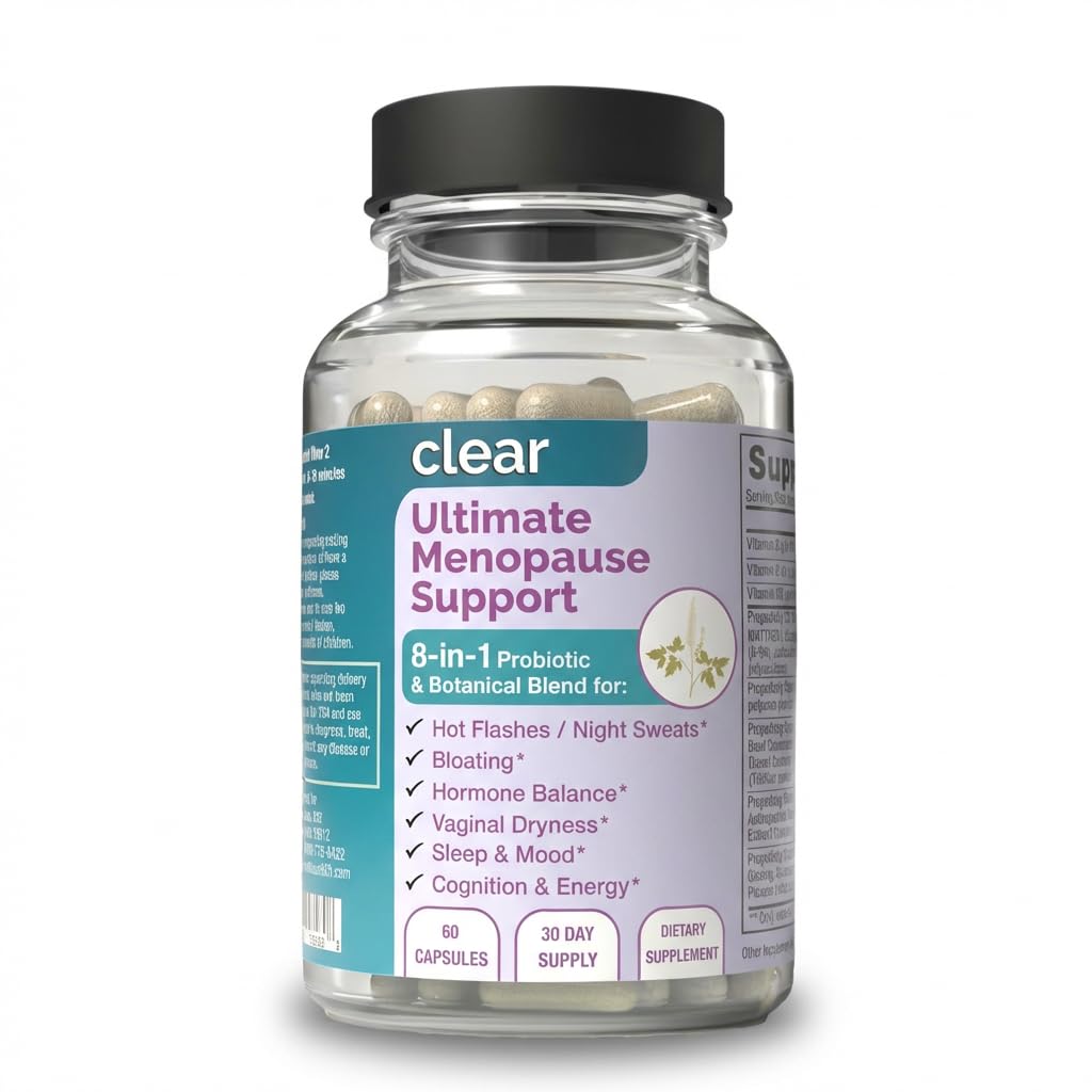 Clear Menopause Support for Women | 25-in-1 Formula with Black Cohosh, Dong Quai, Pre & Probiotics | Hot Flashes, Night Sweats, Mood, Sleep & Digestion | Hormone-Free | Made in USA | 60 Capsules Clear Probiotics uk supplements