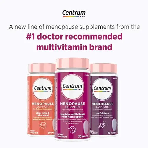 Centrum Complete Multivitamin Supplement + Hot Flash Support Menopause Support Tablets, with Clinically Studied geniVida, 30 Count Centrum uk supplements