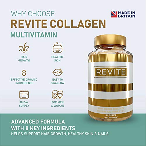 Marine Collagen Capsules 2000mg, Hyaluronic Acid, Silica, Biotin, Vitamin A, E & C Hair Revite uk supplements