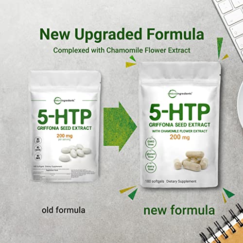 Micro Ingredients 5-HTP 200mg with Chamomile Flower Extract, 180 Capsules, 2 in 1 Formula Micro Ingredients uk supplements