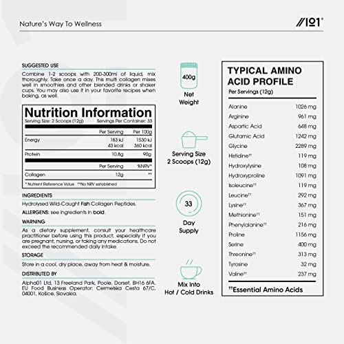 Marine Collagen Powder Supplement - 400g - Wild-Caught Canadian Marine Collagen - Unflavoured - Types 1 & 3 Hydrolysed Collagen ALPHA01 uk supplements