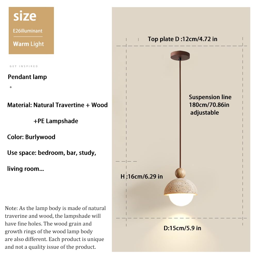 Spherical Wabi Sabi Pendant Light Natural Stone Retro Japanese Style Yellow Travertine Pendant Lighting Vintage Mini Wood Nordic Hanging Light for Kitchen Island Dining Room Bedroom Hallway Bedside OROILUPU uk supplements