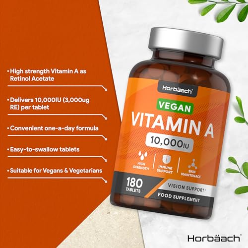 Vitamin A Tablets 10000iu | 180 Count | High Strength Vitamin A as Retinol Acetate Horbäach uk supplements