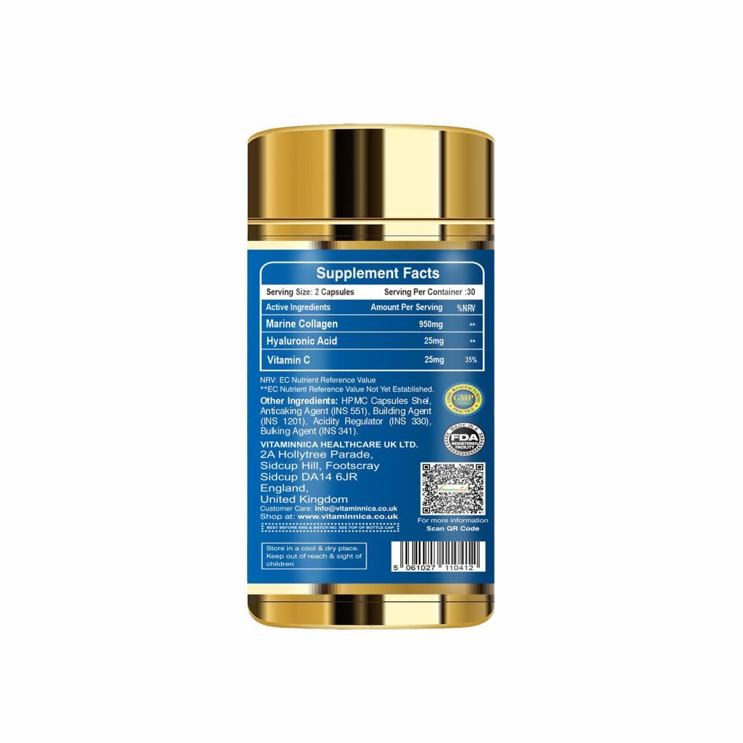 Vitaminnica Marine Collagen Capsules with Hyaluronic Acid & Vitamin C - Skin, Hair, Bones & Joints Vitaminnica Because your Health Matters uk supplements