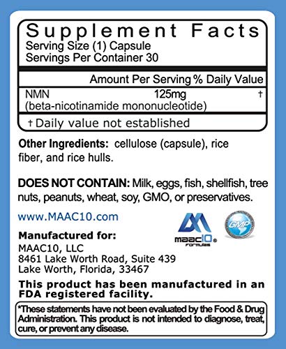 MAAC10 NMN Supplement Real Nicotinamide Mononucleotide (NMN 125mg Capsules). The Most Powerful NAD+ Precursor More Stable Than Riboside. We use 99% Pure Pharmaceutical Grade Stabilized NMN (30 Count) MAAC10 uk supplements