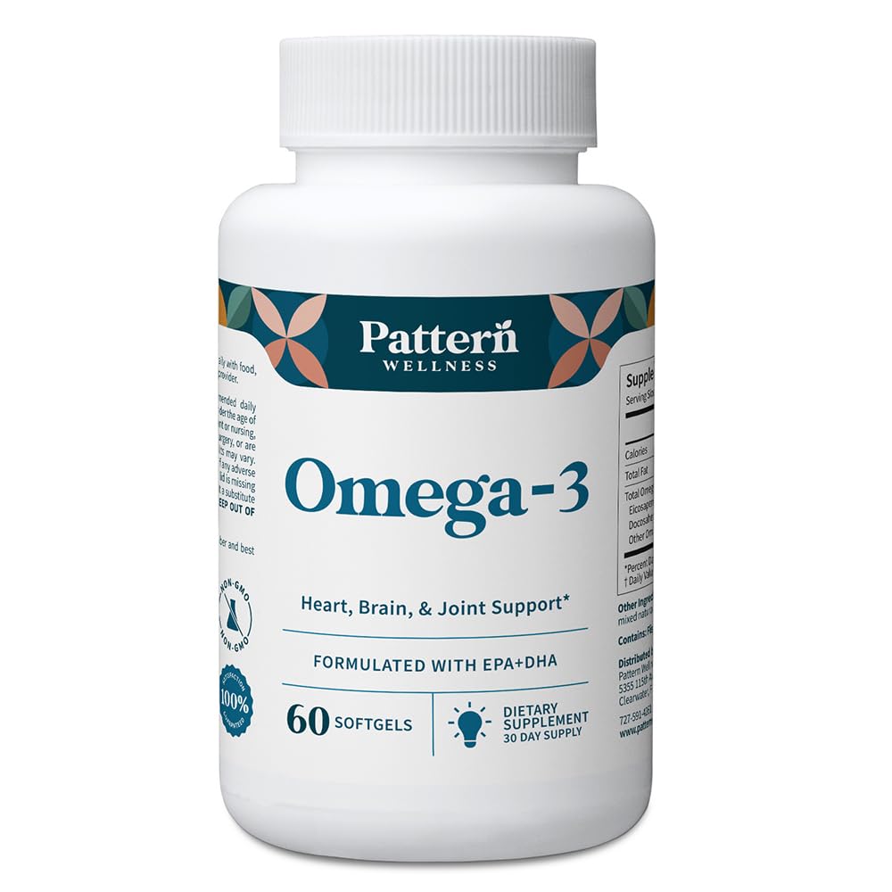 Pattern Wellness Omega 3 Softgels - Pure Fish Oil Formula - Helps Maintain Brain, Heart & Joint Health - 3rd Party Lab Tested - Non-GMO, Dairy-Free, Gluten-Free - 60 Softgels Pattern Wellness uk supplements