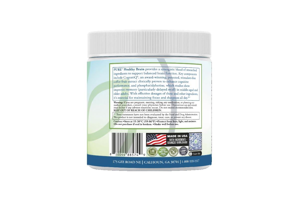 PURE® Healthy Brain Nootropic Powder - 30 Servings - 1.25g Lion’s Mane, 600mg Alpha-GPC & KSM-66® Ashwagandha - Cognitive Support for Memory, Focus & Stress Relief - 147 Grams, Strawberry Flavor! PURE uk supplements