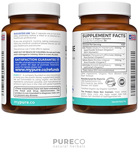 Organic Liver Cleanse Detox & Repair (Vegan, Non-GMO) Milk Thistle Extract (80% Silymarin) PURE CO uk supplements