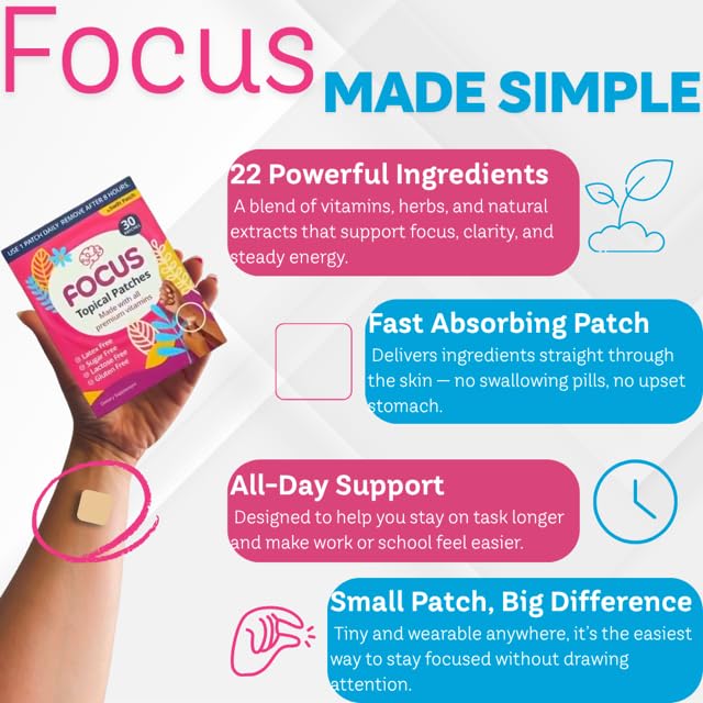 Swift Patch Focus Patch for Adults (30 Day Supply) + Proprietary Blend (Men and Women) - Help Kids and Adults Focus with Patches 22 Ingredients with Proprietary Formula Ultimate Swift Patch uk supplements