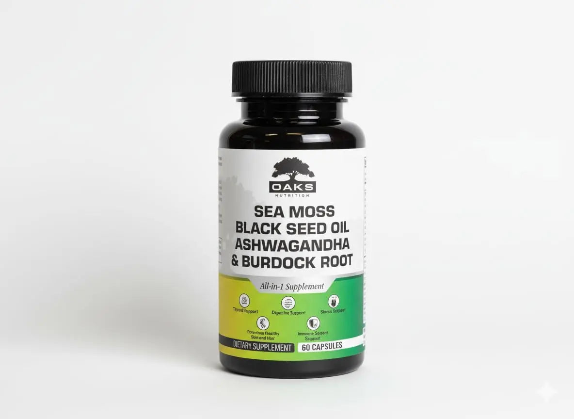 Oaks Nutrition Premium 15-in-1 Sea Moss Multivitamin with Black Seed Oil, Ashwagandha, Turmeric, Bladderwrack, Burdock, Elderberry Oaks Nutrition uk supplements